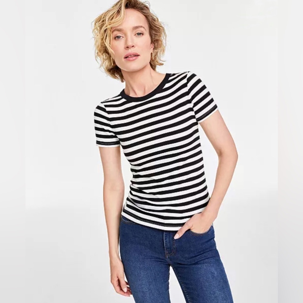 On 34th black and white stripped ribbed T shirt